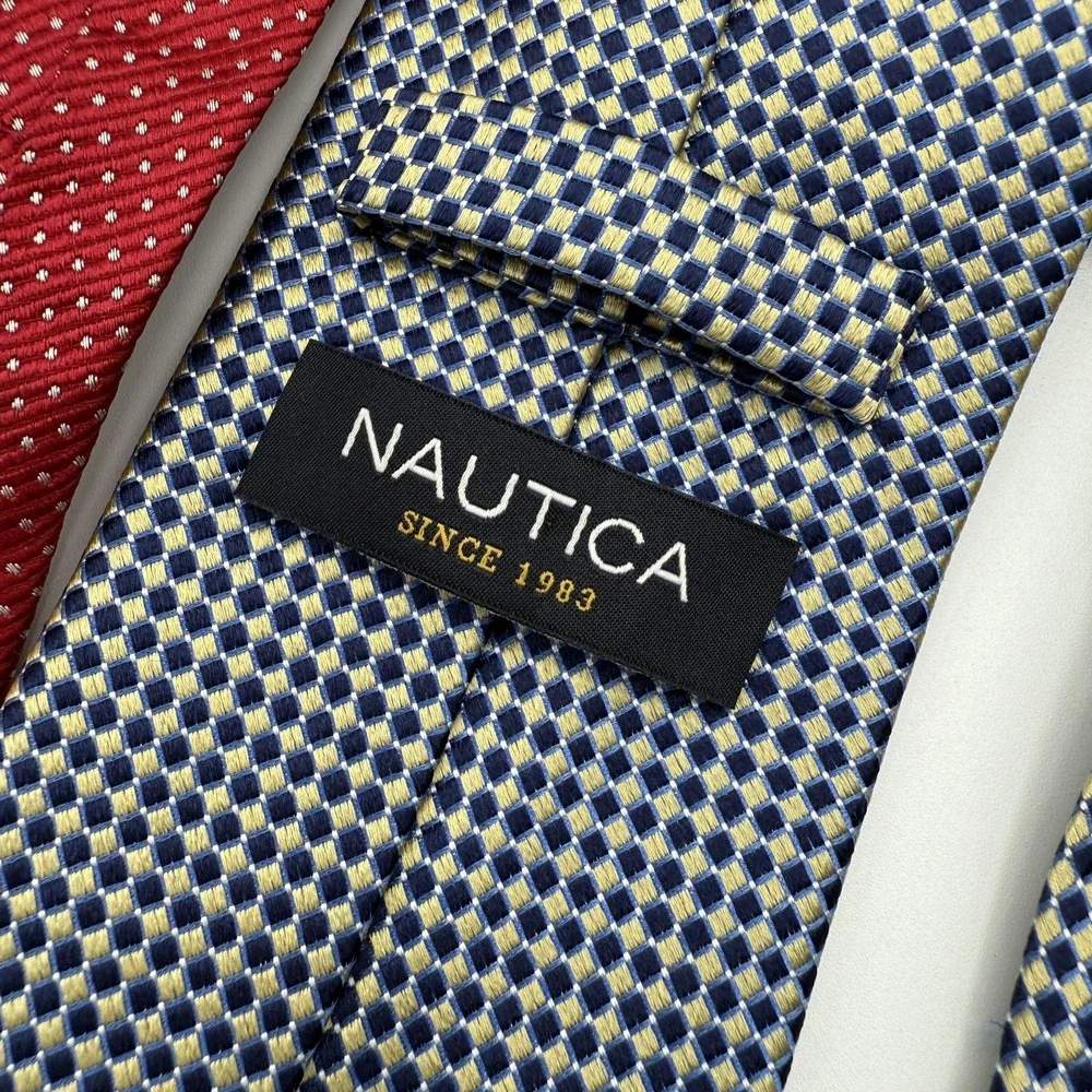 Nautica Ties Neckties Mens 100% Silk Red Navy‎ Geometric Microdot Lot of 2